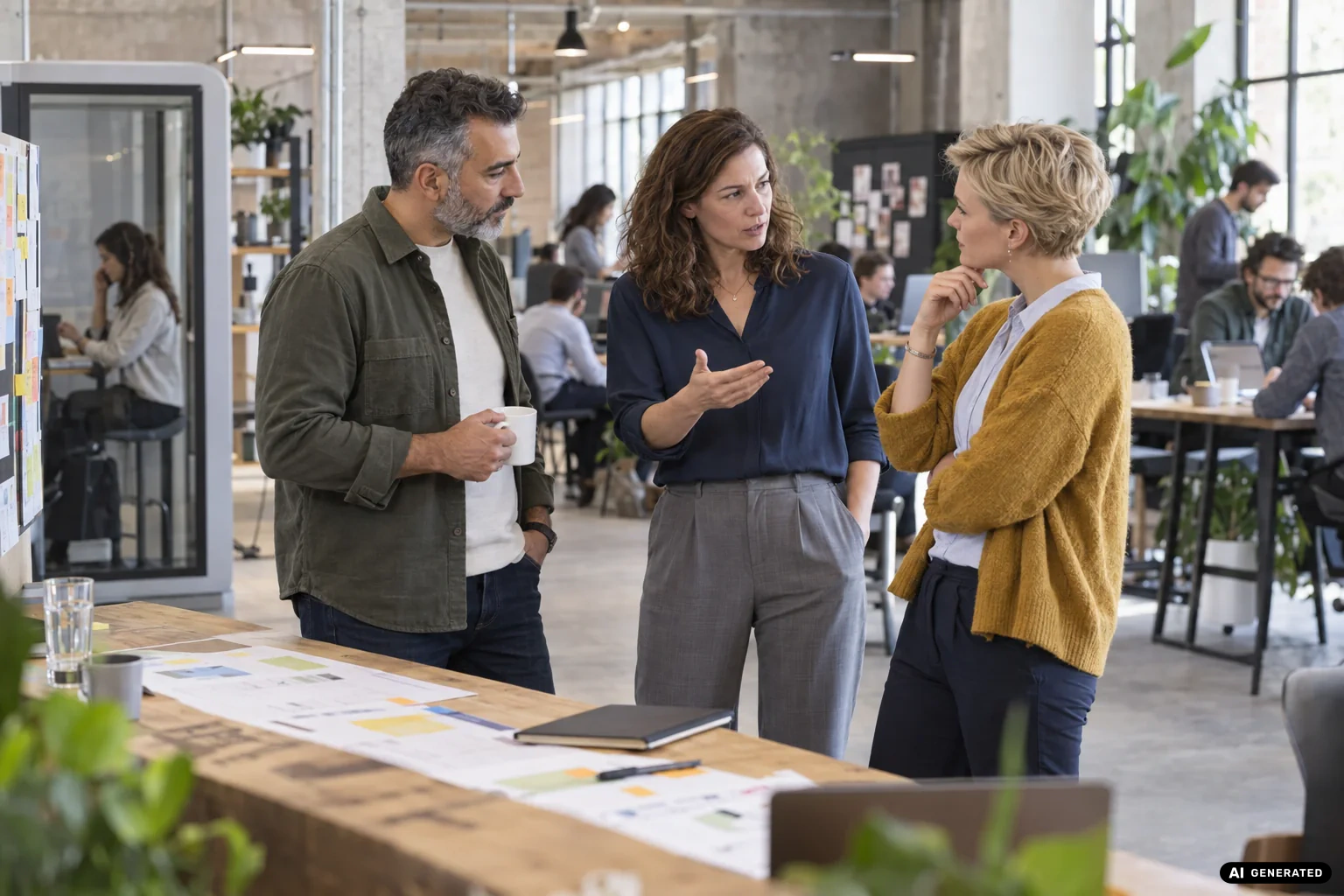 KI-generierte Szene eines erfahrenen Führungsteams in einem aktiven Berliner Scale-up-Office