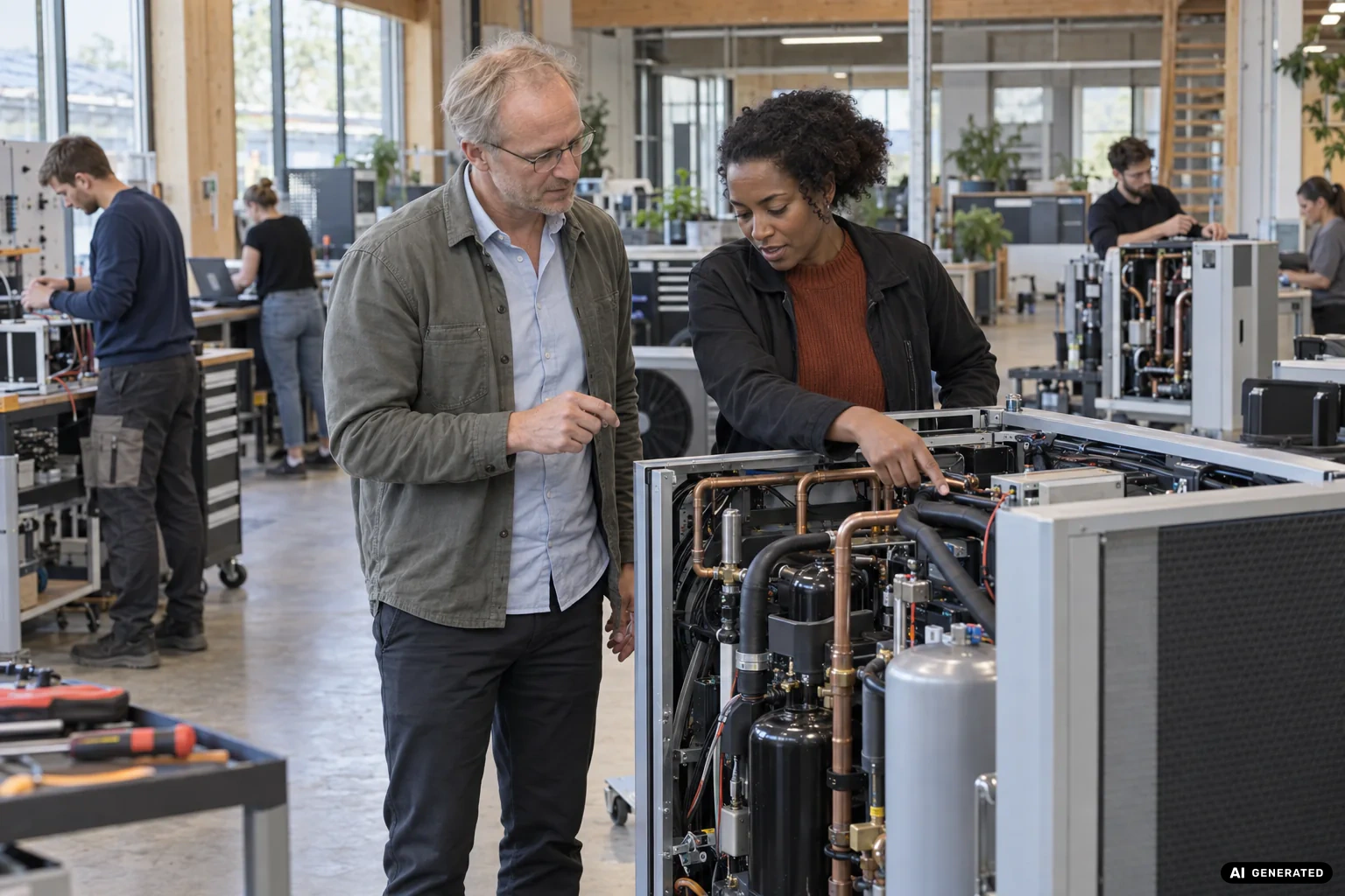 KI-generierte Szene eines erfahrenen technischen Managers und einer Engineering-Leiterin an einem Climate-Tech-Produkt
