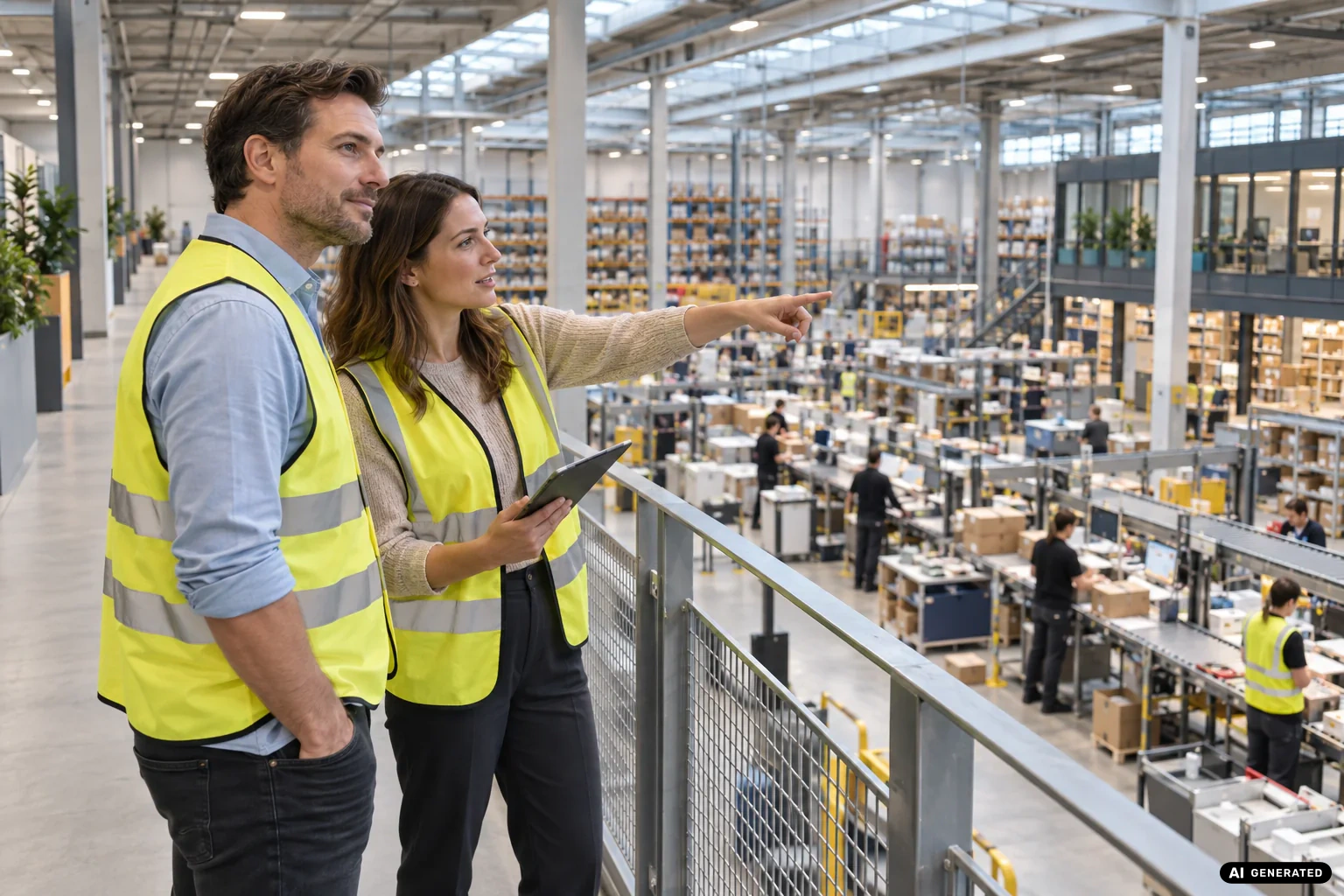 KI-generierte Szene eines E-Commerce-Unternehmers und einer Operations-Leiterin in einem aktiven Logistikzentrum