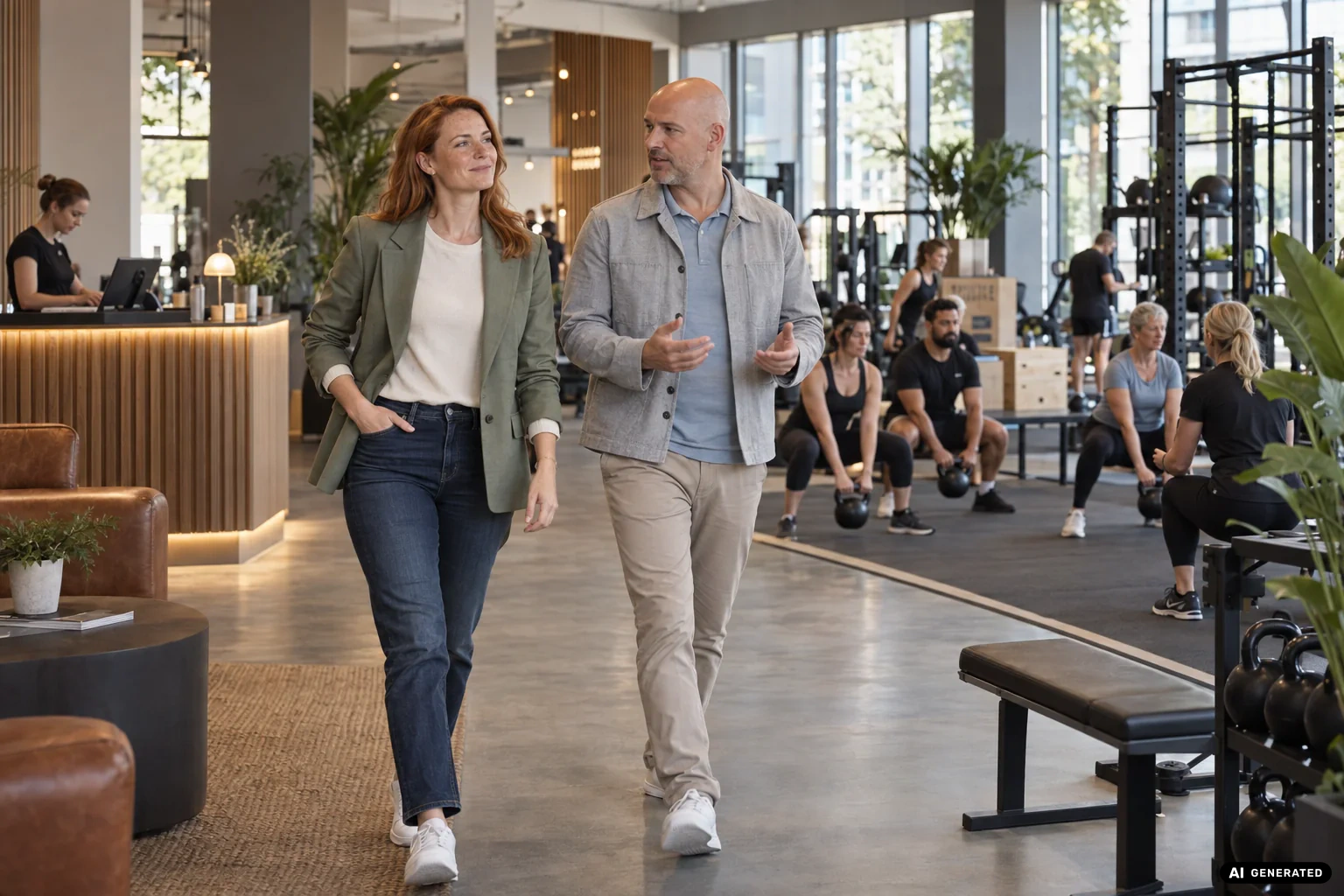 KI-generierte Szene einer Gründerin und eines Operations Managers in einem gut ausgelasteten Fitnessunternehmen