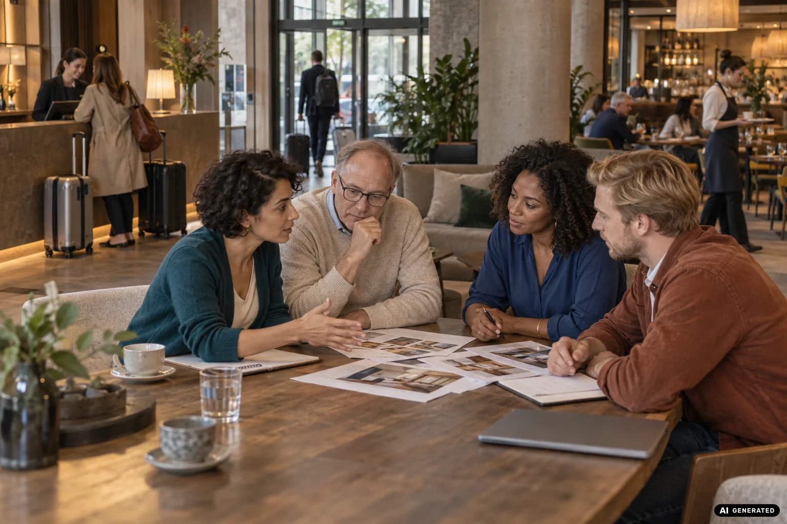 KI-generierte Szene interner und externer Spezialisten als gemeinsames Team in einer Design-Hotelgruppe