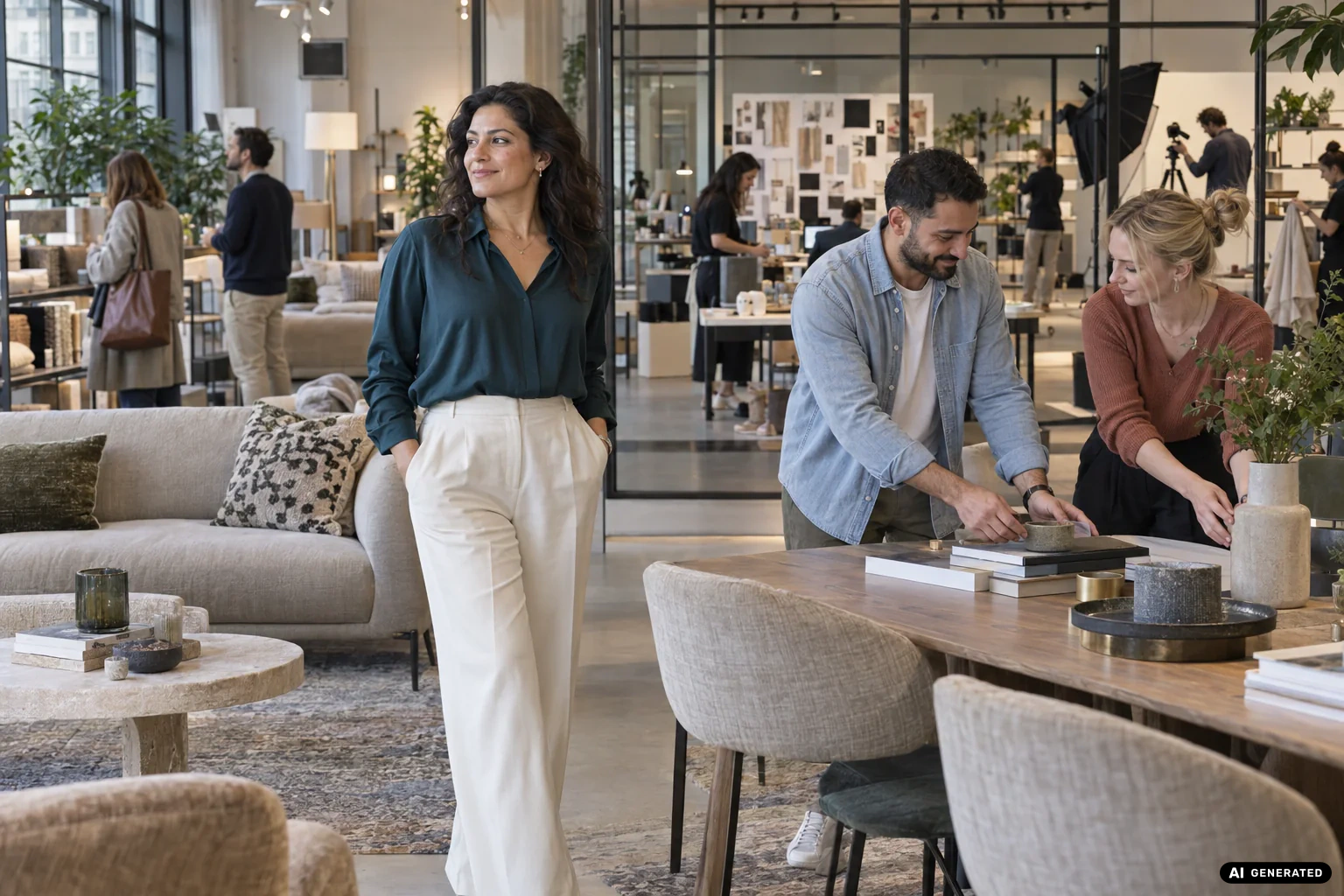 KI-generierte Szene einer Gründerin in ihrem aktiven Interior-Showroom