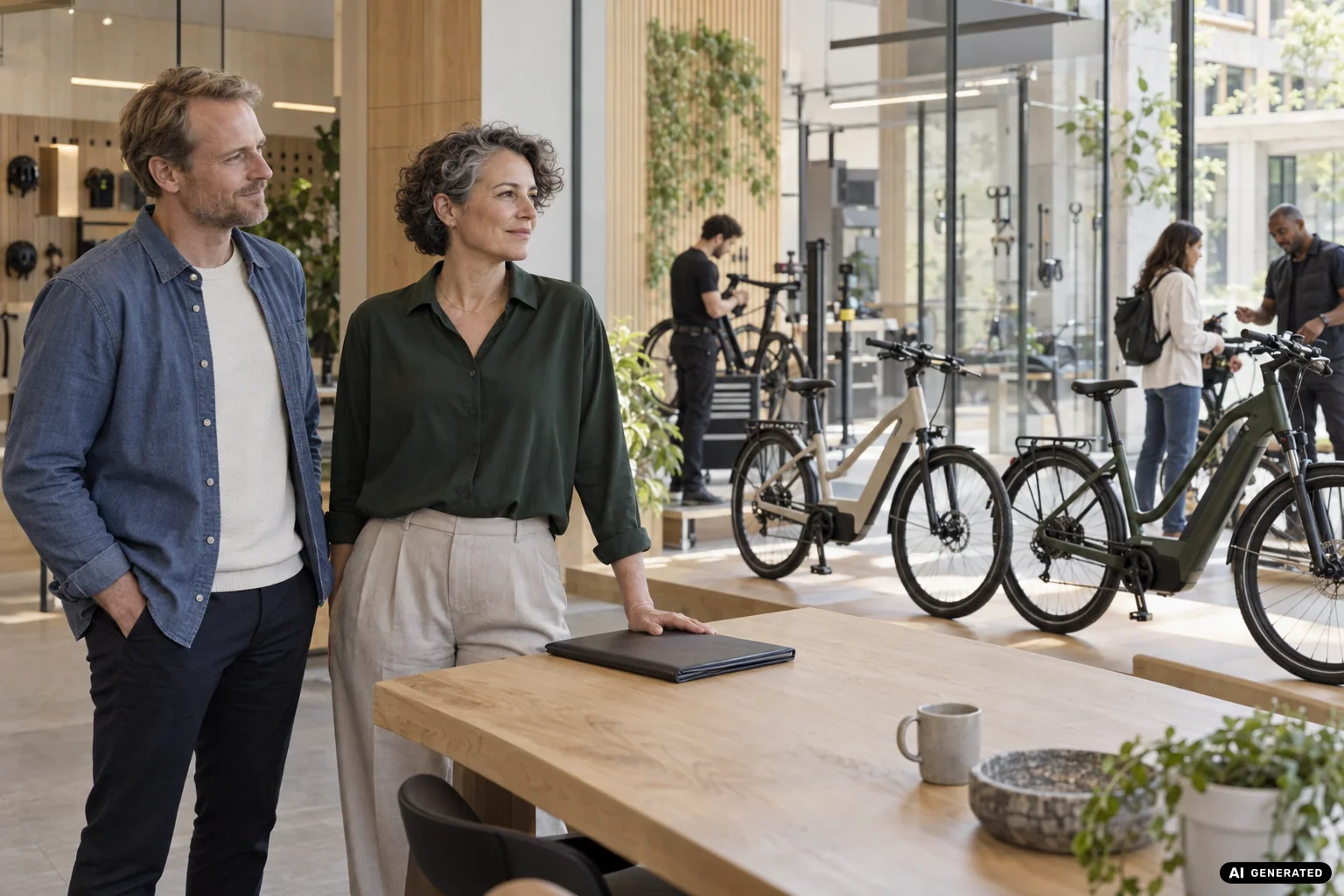 KI-generierte Szene einer Marketingleiterin nach einer klaren Entscheidung in einem E-Mobility-Unternehmen