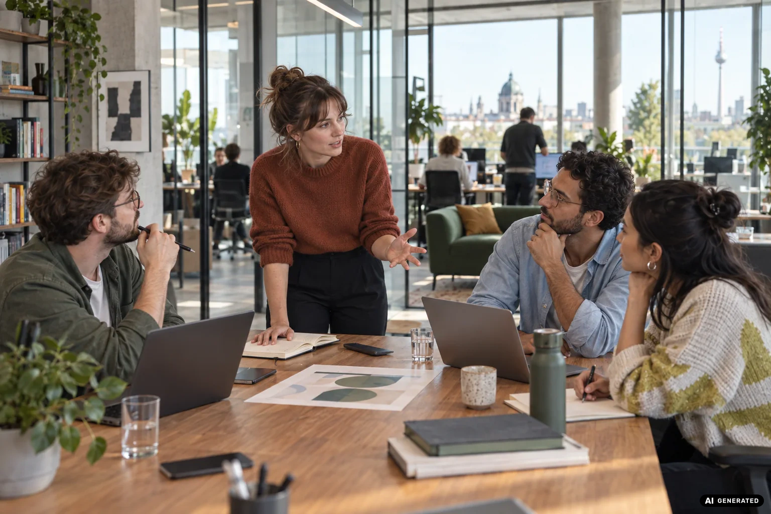 KI-generierte Szene eines jungen Gründerteams beim fokussierten Go-to-Market-Briefing