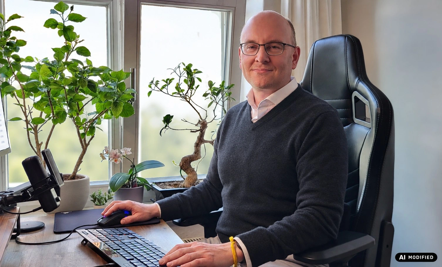 Raon Strohschein offen und persönlich an seinem Arbeitsplatz; Foto KI-bearbeitet