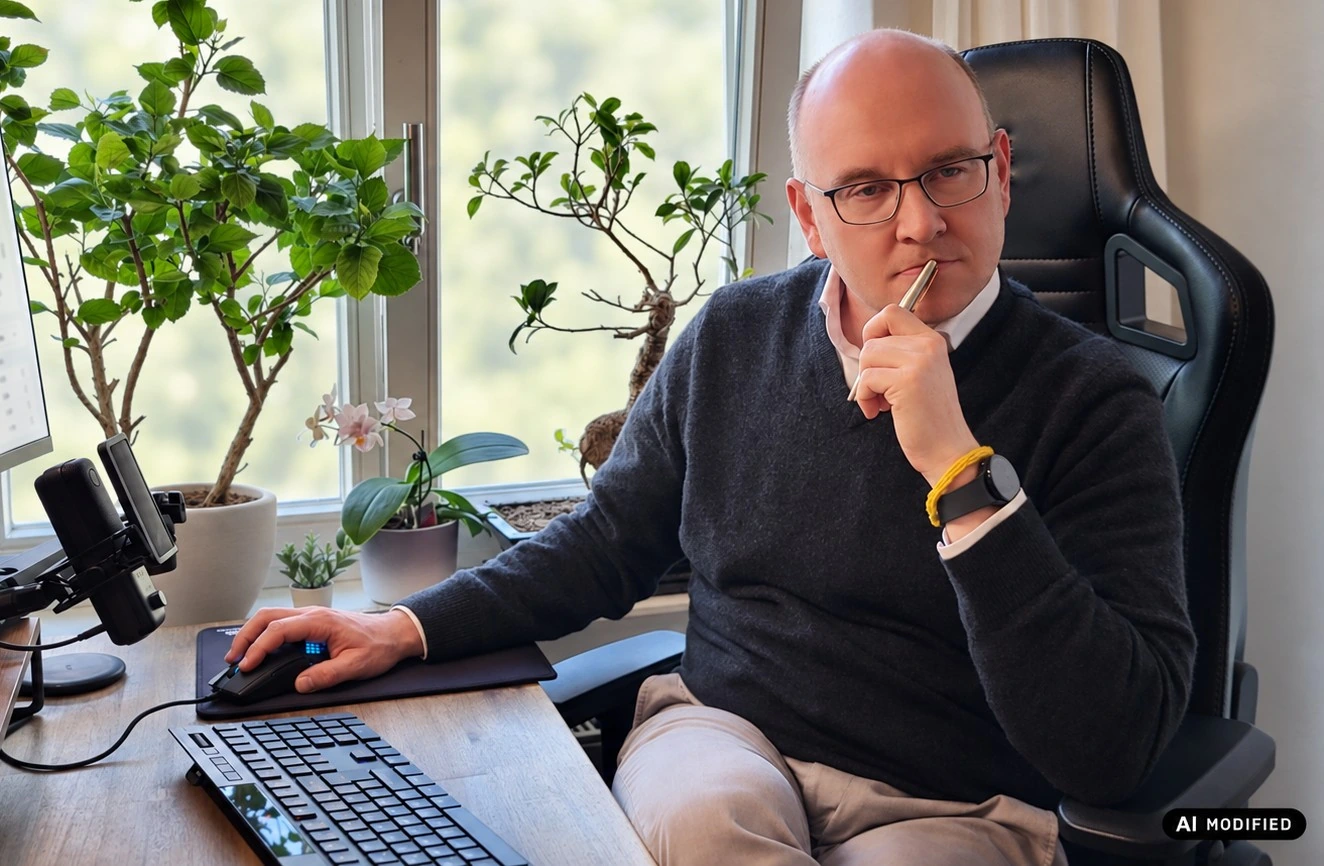 Raon Strohschein in einem nachdenklichen analytischen Moment am Arbeitsplatz; Foto KI-bearbeitet