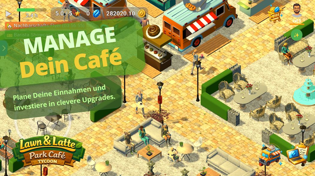 Großes Park-Café mit verschiedenen Bereichen und Ständen