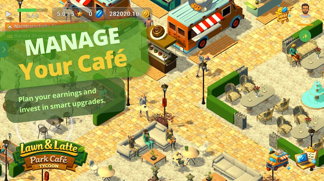 A large park café with different areas and stands