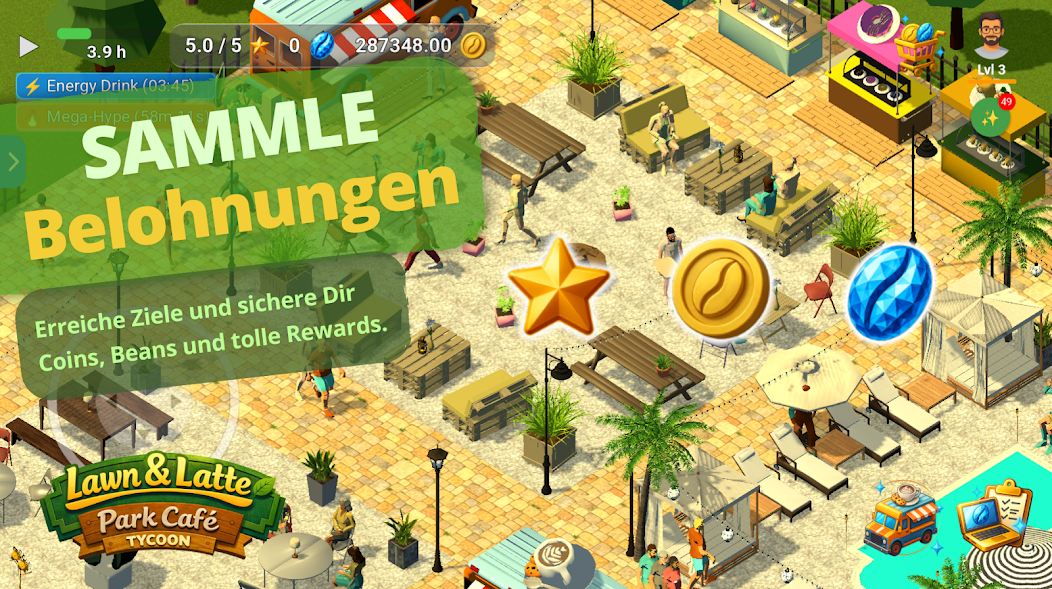 Belohnungen und Fortschritt in Lawn & Latte