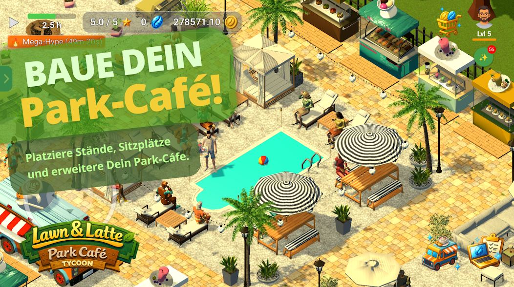 Ein ausgebautes Park-Café mit Ständen, Sitzbereichen und Gästen