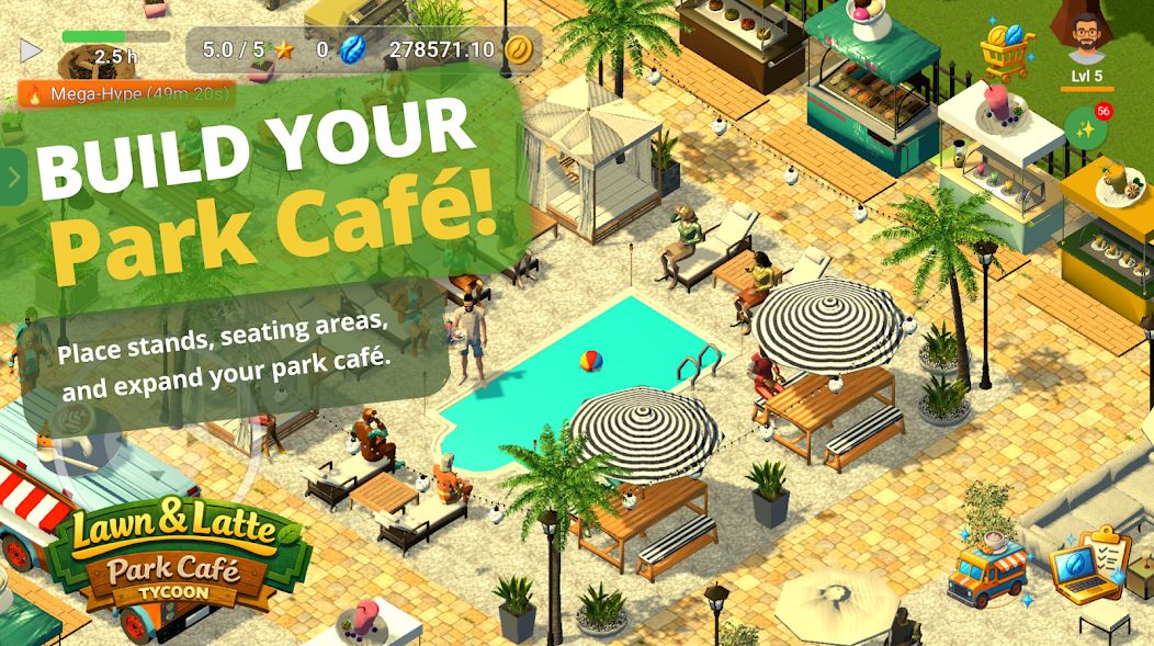 An expanded park café with stands, seating areas, and guests